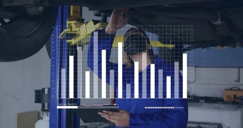 Automotive Technician Inspecting Car Undercarriage Using Tablet with Digital Diagnostic Overlay