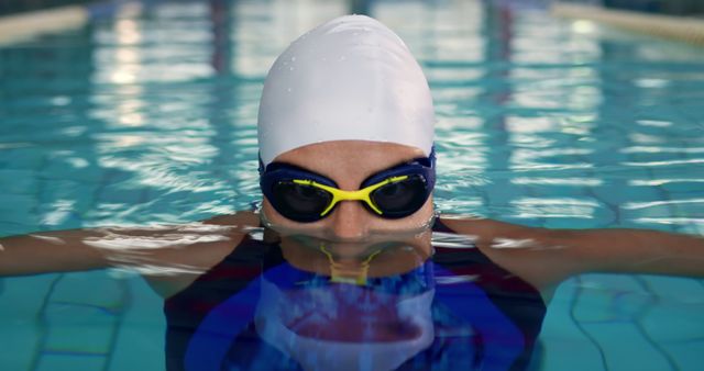 Female Swimmer Preparing for Race in Swimming Pool - Download Free Stock Images Pikwizard.com