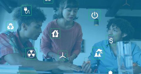 Team Collaborating on Sustainable Energy Innovation with Icons