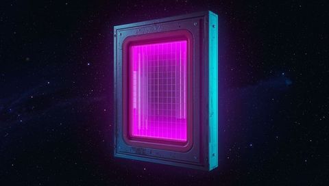Neon magenta portal panel floating in space with cyan metal frame and grid display