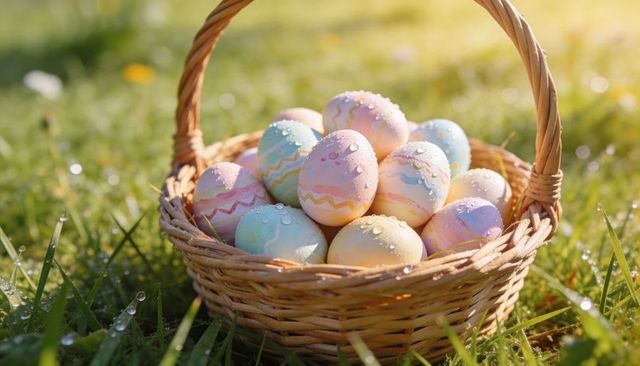 Sunlit easter basket resting on dew-kissed grass holding pastel decorated eggs