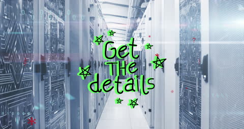 Data Center Server Room with Digital Overlay and Text