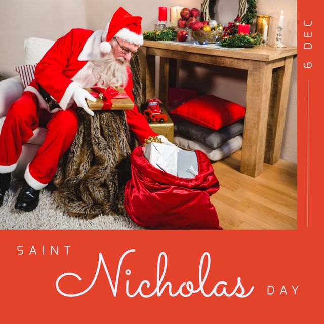 Saint Nicholas Day Santa Claus Handling Gifts on Cozy Holiday Interior - Download Free Stock Templates Pikwizard.com