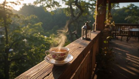 Steaming floral teacup on wooden porch railing at golden hour, peaceful morning tea moment