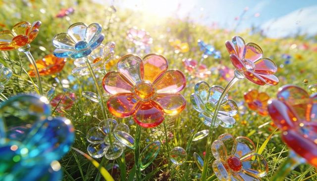 Colorful glass flower sculptures catching golden backlight, radiant bokeh, dew drops