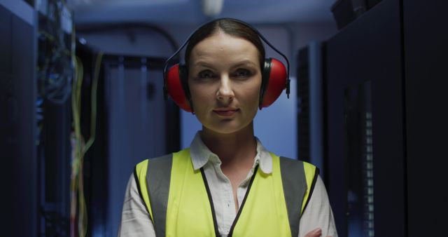 Confident female engineer wearing high-visibility vest and protective earmuffs standing in a data center. Ideal for use in technology, engineering, and workplace safety themes. Useful for illustrating women in STEM careers, showcasing professional technology environments, or promoting safety in technical workspaces.