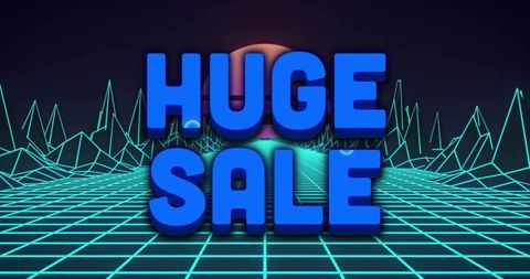 Huge sale neon grid synthwave banner featuring 3d blue text and retro futurism