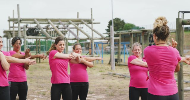 Women in Pink Shirts Stretching at Outdoor Fitness Class - Download Free Stock Images Pikwizard.com