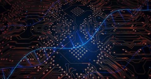 Digital circuit board with abstract blue waveform connectivity