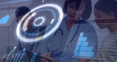 Nurse Discussing Data-Driven Diagnosis in Futuristic Healthcare Setup
