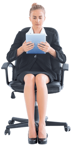 Focused Businesswoman Using Tablet Sitting on Chair Transparent Background - Download Free Stock Videos Pikwizard.com