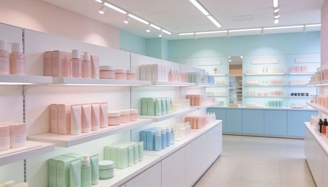 Showcasing pastel skincare and beauty products on minimalist boutique shelves in modern retail