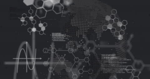 Digital Globe with Data and Molecules on Black Background