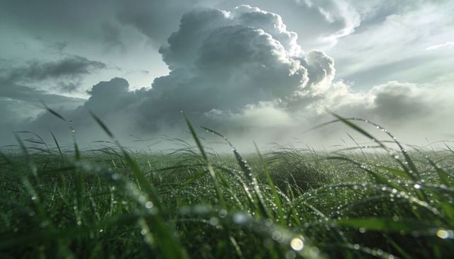Dewy meadow with droplets on grass, rising mist and looming cumulonimbus clouds at dawn