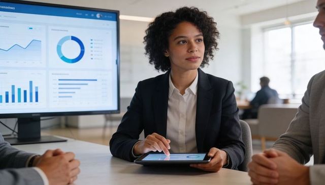 Businesswoman presenting tablet with dashboards in boardroom meeting analyzing metrics