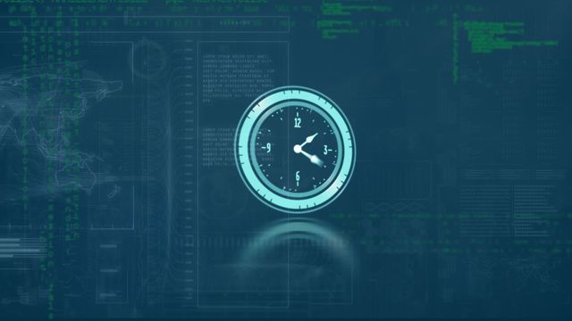 Graphical representation of a clock against a backdrop of data processing visuals. This video conveys time management, data analysis, and global business concepts. Useful for websites, presentations, articles, and marketing materials that focus on business technology and efficiency.