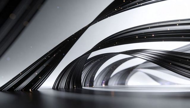 Forming sweeping black ribbon arches curving through mirrored minimalist tunnel