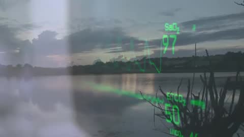 Futuristic Digital Interface Over Tranquil Lake at Dusk