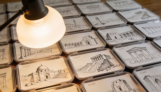 Displaying vintage architectural sketch tins in orderly grid under warm lamp for exhibit