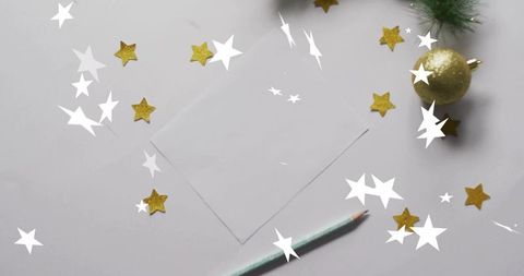 Blank Card Mockup Flatlay with Mint Pencil, Gold Stars and Gold Bauble for Holiday Greeting