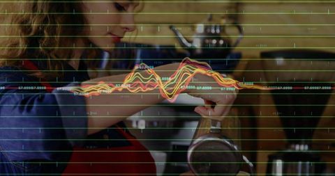 Barista Operating Espresso Machine with Overlay of Data Charts