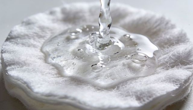 Pouring toner onto cotton pads creating dewy bubbles macro skincare closeup