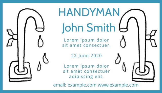 This handyman business card template features bold plumbing imagery with hand-drawn faucets. Suitable for plumbers and general handymen, this template is perfect for marketing and promotional materials. The simple, clean design ensures easy readability of contact information. Ideal for creating custom business cards and flyers to attract new clients.