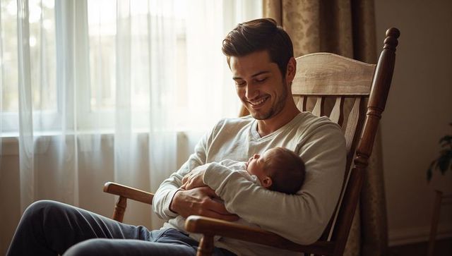 Father cradling and rocking newborn in wooden rocking chair by sunlit window