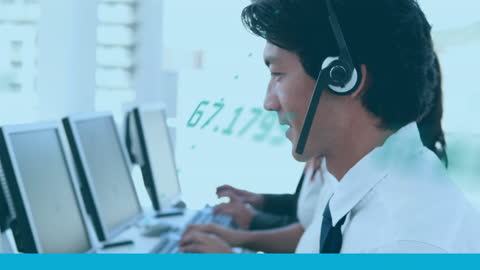 Diverse Team with Headsets in Call Center Processing Data Overlay
