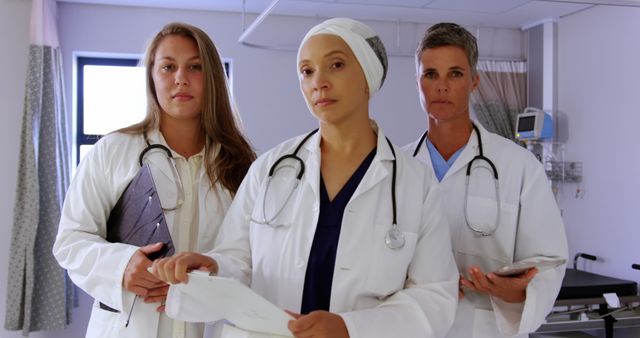 Three female doctors standing together in a well-lit hospital room consulting patient records. Suggests teamwork, professionalism, and the healthcare environment. Ideal for use in medical-related content, articles about healthcare professionals, or promotional materials for medical institutions.