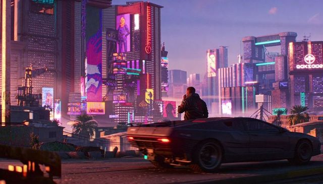 Cyberpunk metropolis at dusk with man sitting on sports car roof talking on phone