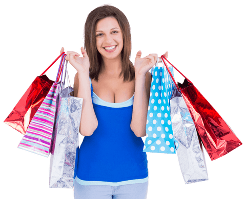 Transparent Smiling Woman Holding Colorful Shopping Bags