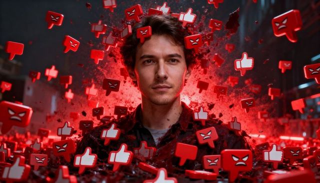 Standing man surrounded by angry and thumbs-up emoticons showing social media backlash