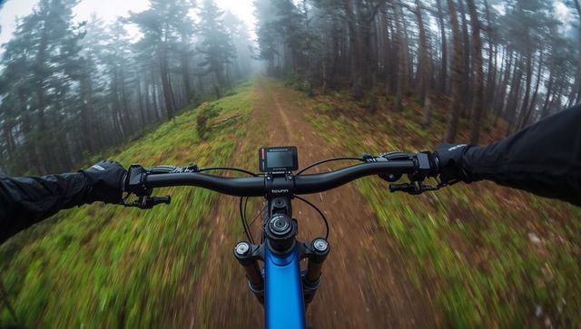 Pov riding mountain bike through foggy pine forest on narrow singletrack trail at speed