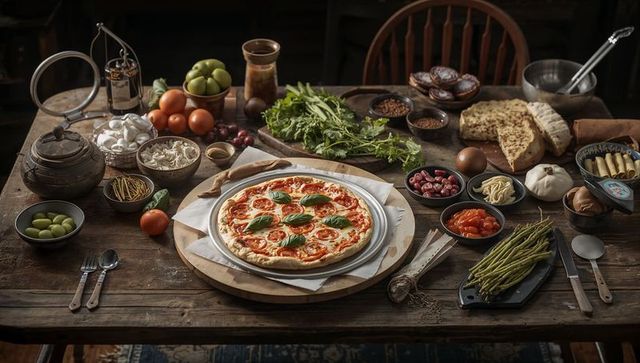 Rustic margherita pizza on wooden table surrounded by fresh ingredients and olives