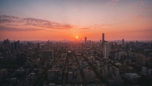 Aerial urban skyline at sunset with golden glow, highrise silhouettes and rooftops