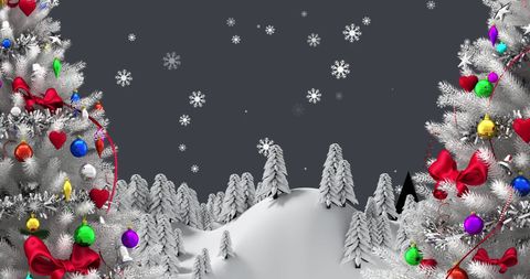 Snowfall Over Decorated White Christmas Trees