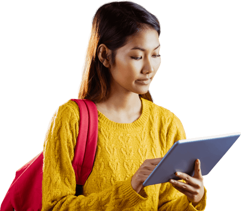 Transparent Asian Student Using Tablet with Pink Backpack