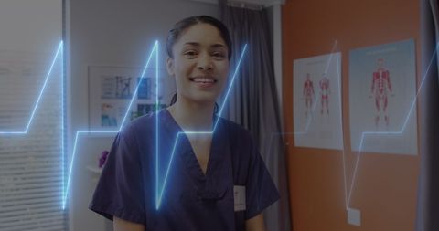 Smiling female doctor with digital heartbeat overlay