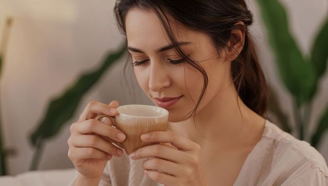 Young woman cradling ceramic cup and gazing down, cozy morning calm and mindful moments