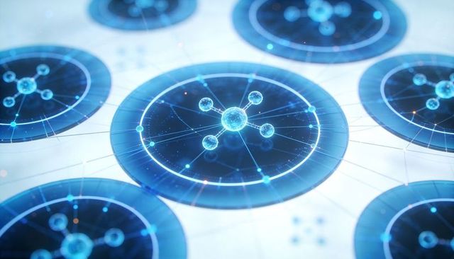 Futuristic holographic network node showing glowing molecular hub and radial data connections