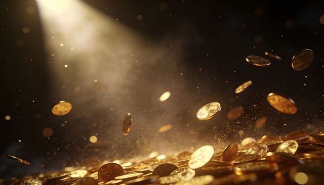 Golden Coins Falling Under Spotlight Over Dark Vault with Dust Motes and Bokeh