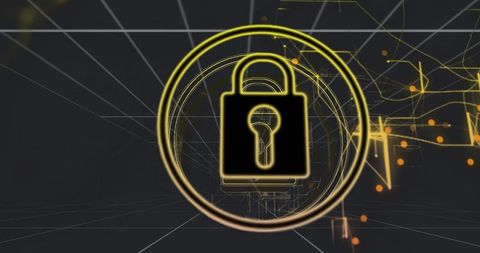 Neon Padlock in Futuristic Wireframe Grid Representing Cybersecurity and Data Encryption