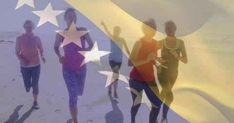 Diverse Women Running on Beach with Honduras Flag Overlay