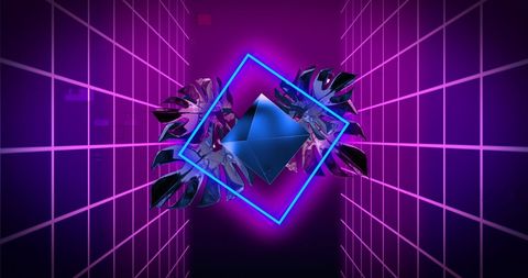 Futuristic neon design with geometric shapes and leaves