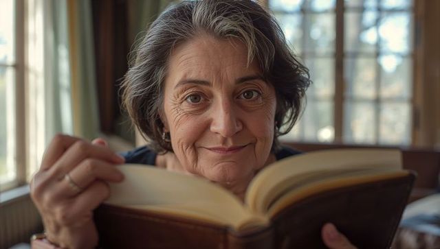 Senior woman reading hardcover book and smiling in cozy sunlit living room portrait