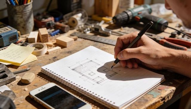 Woodworker Sketching House Plan on Workbench with Tools and Notebook for Carpentry Design