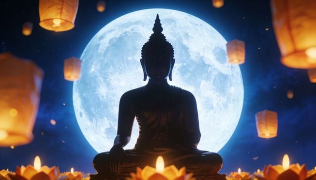Silhouetted buddha meditating before full moon with floating lanterns and lotus candles