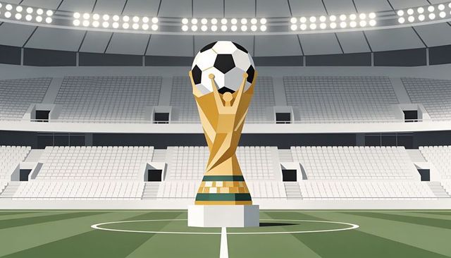 Golden trophy holding soccer ball on center circle of stadium under floodlights