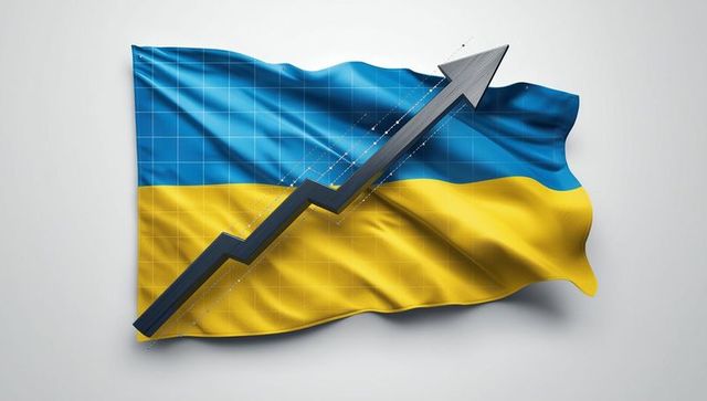 Ukraine flag with rising arrow symbolizing growth and progress